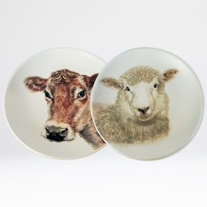 222 Fifth Farm Animal Porcelain Salad Plate Cow Lamb 8" 2 PCS NEW